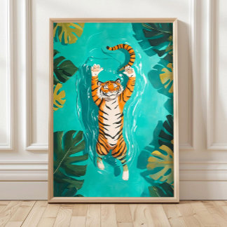 Tigre Tropical Nadando en la Impresión de Baño del