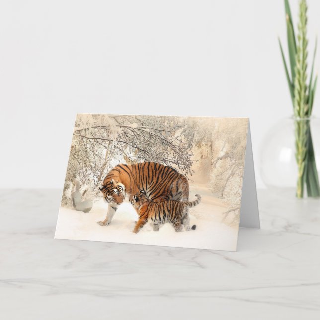 Tigre y cachorro en nieve durante la tarjeta de sa (Anverso)