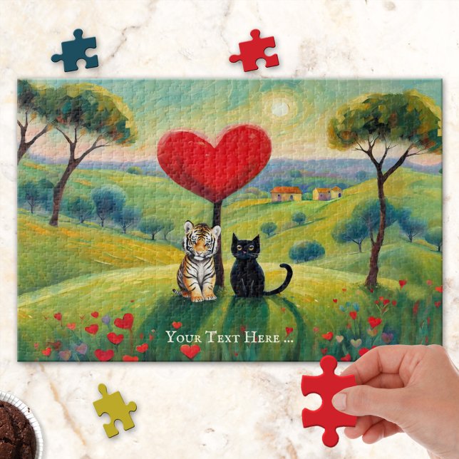 Tigre y rompecabezas de amor de gatitos negros (Puzzle featuring a cute primitive painting of a tiger cub and black kitten in a spring landscape)