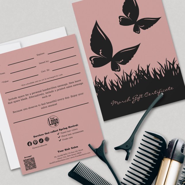 Tijeras de Mariposa Cortar Certificado de Regalo p (Modern Hairstylist March Gift Certificate, Pink and Black, Butterfly Silhouettes)