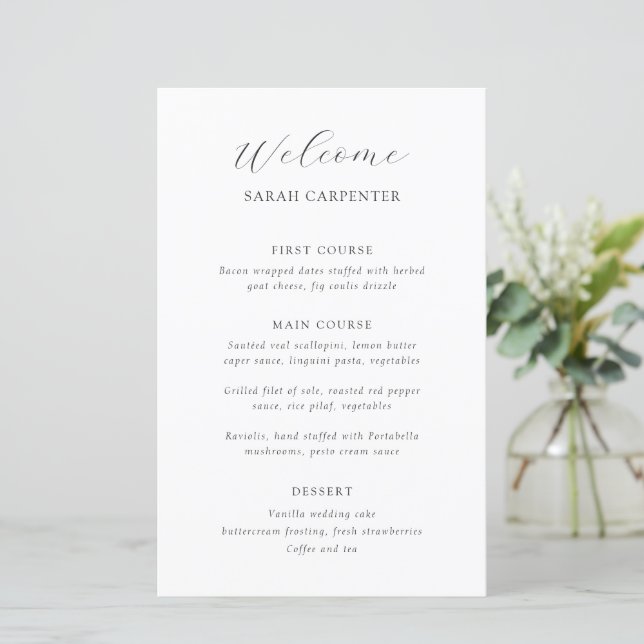 Timeless Black and White Guest Name Wedding Menu (Anverso de pie)