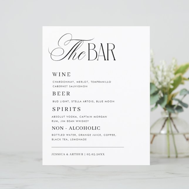 Timeless Luxe Script Classy Wedding Bar Drink Menu (Anverso de pie)