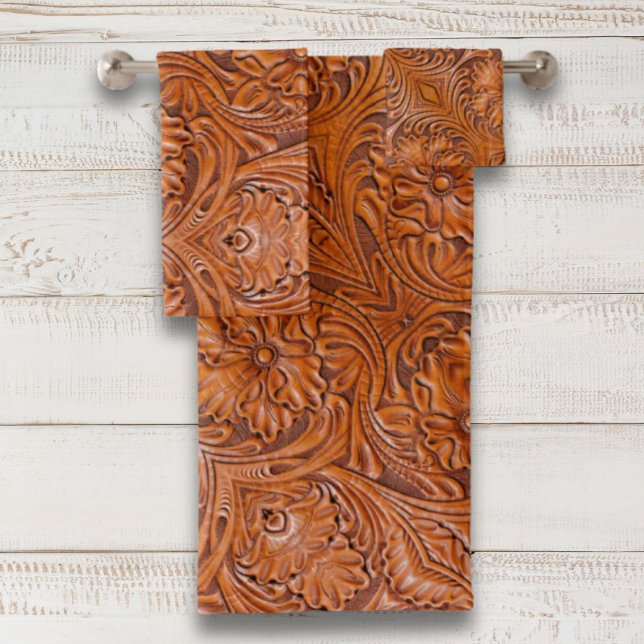 Tinta de cuero de cuero en el rústico occidente de (Cowboy Rustic western country tooled leather print Bath Towel Set)