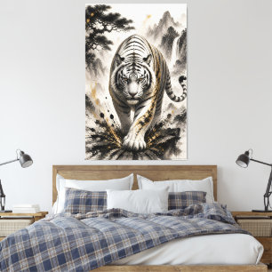 Tinta de Tigre Blanco en Lienzo Arte Japonés Sumi-