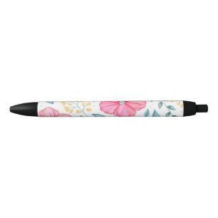 Tinta Negra Bolígrafo de Acuarela Floral Rosa y Amarillo
