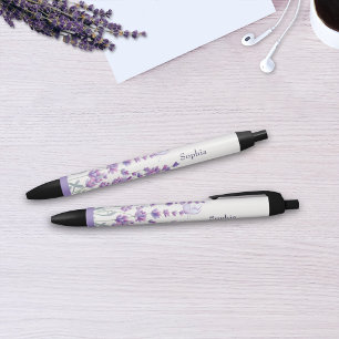 Tinta Negra Bolígrafo de monograma floral de lavanda acuarela 