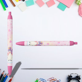 Tinta Negra Bolígrafo de Unicornio Adorable con Estrellas Rosa