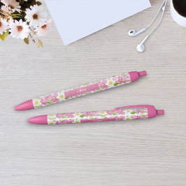 Tinta Negra Bolígrafo floral de tulipanes y narcisos rosados p