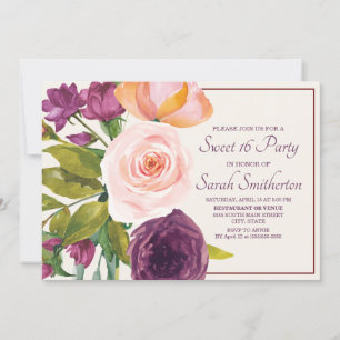Tinte púrpura rosa acuarela floral crema Sweet 16