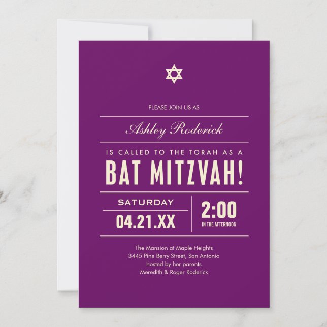 Tipo grande invitaciones de Mitzvah del palo (Anverso)