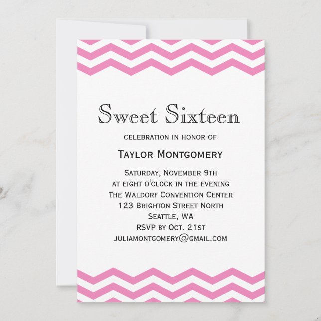 Tipo negro y Chevron rosado dulce 16 invitaciones (Anverso)