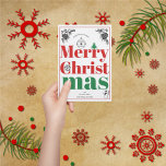 Tipografía audaz de elementos de Navidad vintage<br><div class="desc">Vintage Navidad elementos tipografía tarjeta de vacaciones. Este diseño festivo muestra la palabra "Feliz Navidad" en dos partes de tipografía negrita roja y verde y varios elementos: copo de nieve, ornamento de bola de Navidad, santa Claus, muñeco de nieve, ramas de pino con conos de pino y un árbol. También...</div>