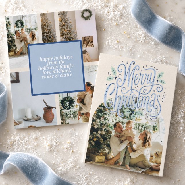 Tipografía azul de Feliz Navidad Foto Arqueada  (Merry Christmas Blue Typography Arched Photo Holiday Card)