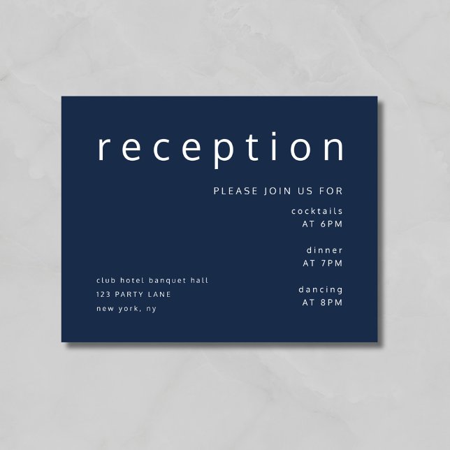 Típografía azul de la marina Elegante recepción de (Modern Navy Blue Typography Wedding Reception Enclosure Card)