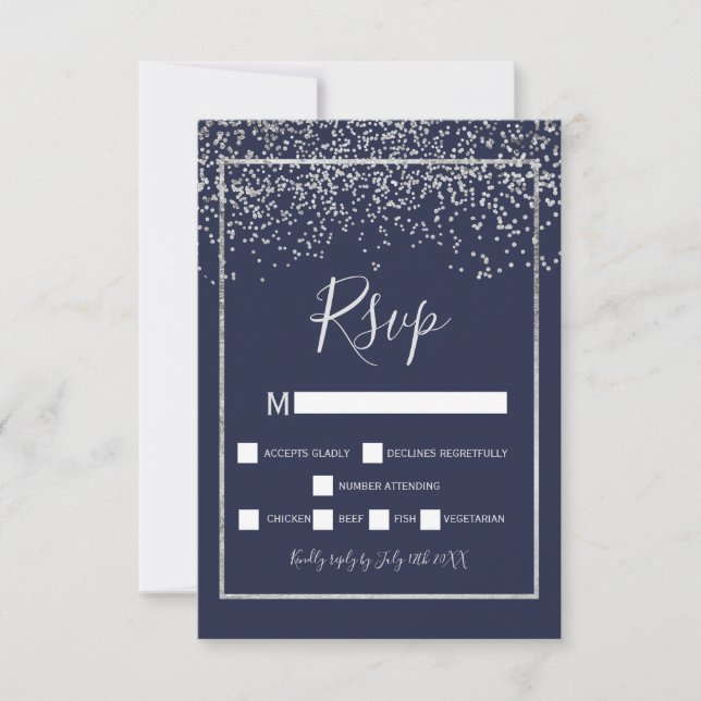 Tipografía azul marino de confeti plateado rsvp (Anverso)