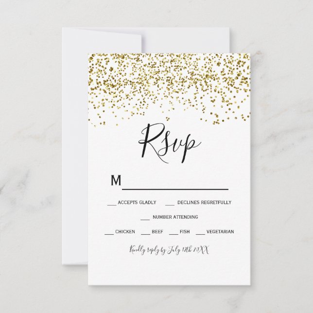 Tipografía blanca negra de confeti dorado rsvp (Anverso)