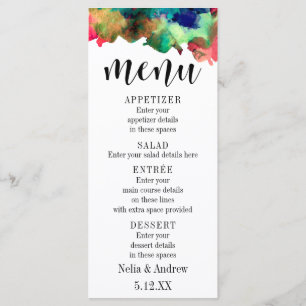 Tipografía con menú de boda con acuarela colorida