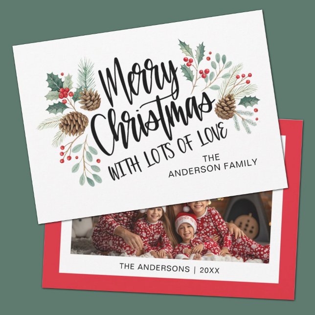 Tipografía de letra elegante floral Navidad alegre (An elegant script typography holly photo Christmas card.)