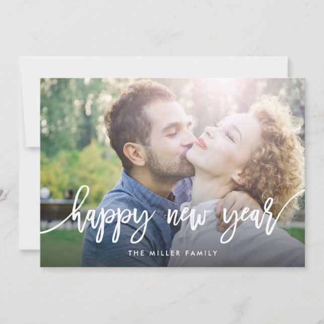 Típografía de moda Feliz Año Nuevo tarjeta fotográ (Anverso)