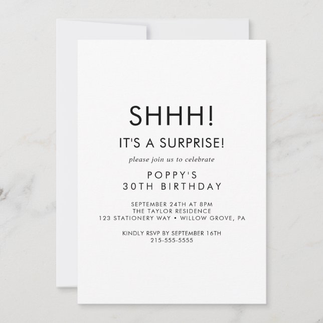 Típografía de moda Invitación de fiesta sorpresa (Anverso)