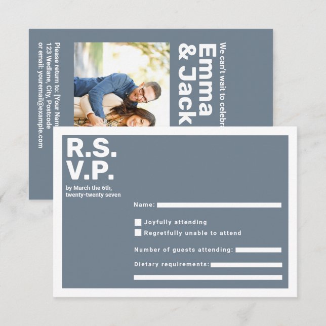 Tipografía moderna Boda RSVP negrita azul (Anverso / Reverso)