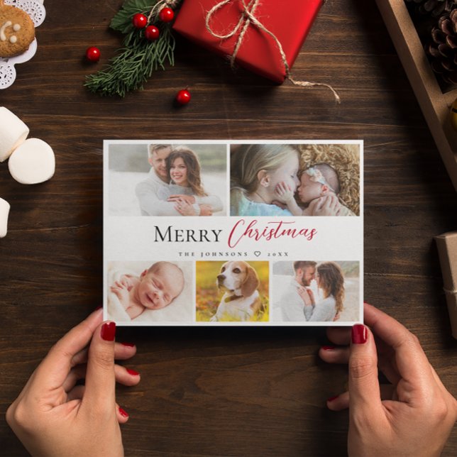 Tipografía moderna Feliz Navidad Múltiples Fotos (Merry Christmas Family photo collage Holiday card.)