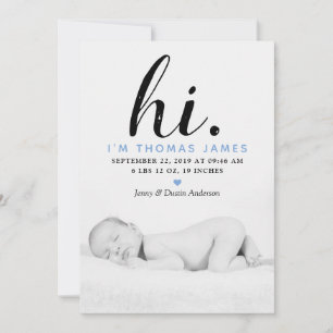 Tipografía moderna "Hola". Anuncio de nacimiento d