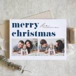 Tipografía Retro Azul Feliz Navidad Dos Fotografía<br><div class="desc">Feliz Navidad! Envíe sus saludos de Navidad a la familia y amigos con esta tarjeta de Navidades de fotos de personalizable. Presenta tipografía retro audaz. Personalice agregando sus detalles. Esta tarjeta de Navidad personalizado está disponible en otras cajas. Los elementos coincidentes están disponibles.</div>