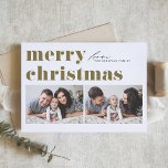 Tipografía retro dorada Feliz Navidad Dos fotos<br><div class="desc">Feliz Navidad! Envíe sus saludos de Navidad a la familia y amigos con esta tarjeta de Navidades de fotos de personalizable. Presenta tipografía retro audaz. Personalice agregando sus detalles. Esta tarjeta de Navidad personalizado está disponible en otras cajas. Los elementos coincidentes están disponibles.</div>