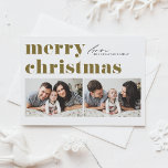 Tipografía retro dorada Feliz Navidad Dos fotos<br><div class="desc">Feliz Navidad! Envíe sus saludos de Navidad a la familia y amigos con esta tarjeta postal de Navidades de fotos de personalizable. Presenta tipografía retro audaz. Personalice agregando sus detalles. Esta tarjeta postal de Navidades rojos está disponible en otras cajas. Los elementos coincidentes están disponibles.</div>