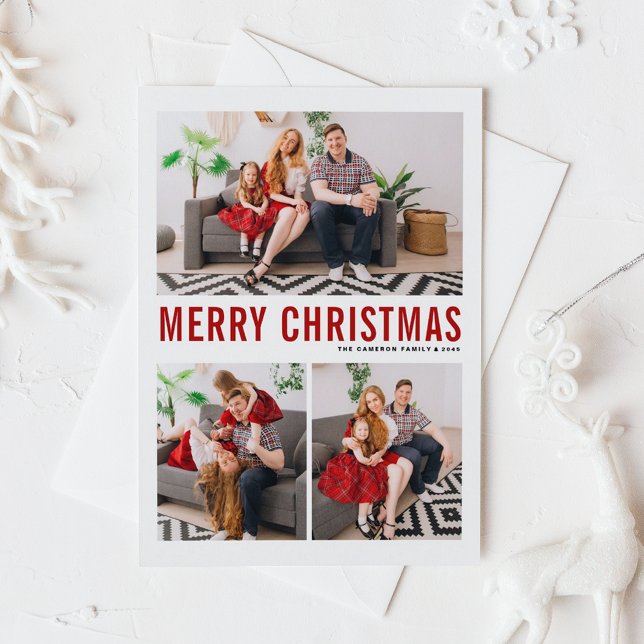 Tipografía roja Feliz Navidad Tres Fotografía (Modern Red Typography Three Photo Collage Merry Christmas Postcard)