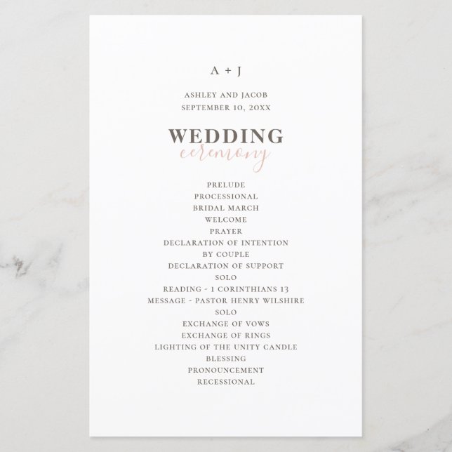 Tipografía simple moderna. Programa de boda elegan (Anverso)