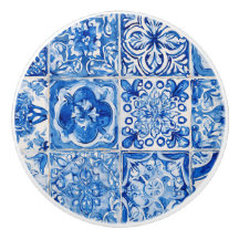 Tirador de cerámica de azulejo mediterráneo azul