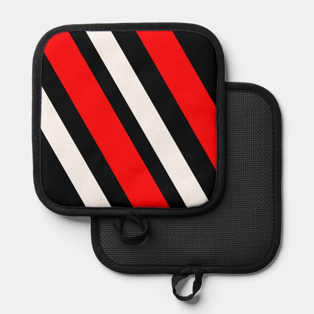 Tiras blancas rojas Oven Mitt y Pot Holders (Anverso/Reverso)