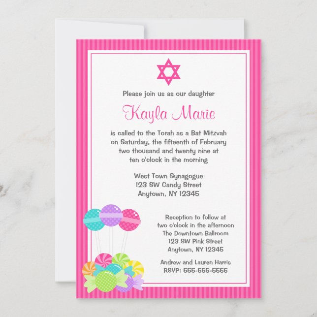 Tiras De Candy Rosa Bat Invitaciones Mitzvah (Anverso)