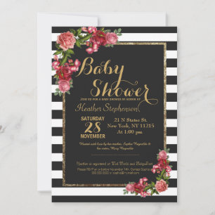 Tiras de rosa y invitaciones a ducha de bebé de or