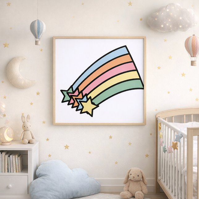 Tiras de tiro e impresión arcoiris (A poster featuring shooting stars and a rainbow in pastel colors.)