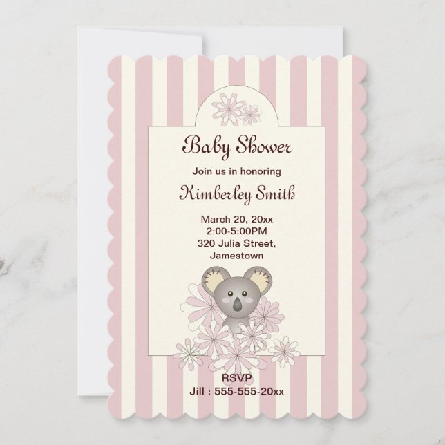 Tiras rosadas Cute Koala Bebé Invitación a ducha (Anverso)