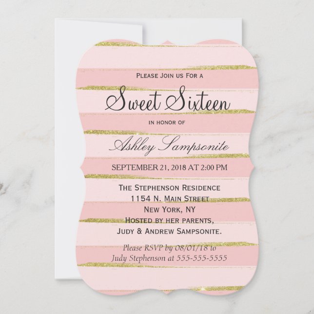 Tiras rosadas de oro de moda Dulce 16 invitaciones (Anverso)