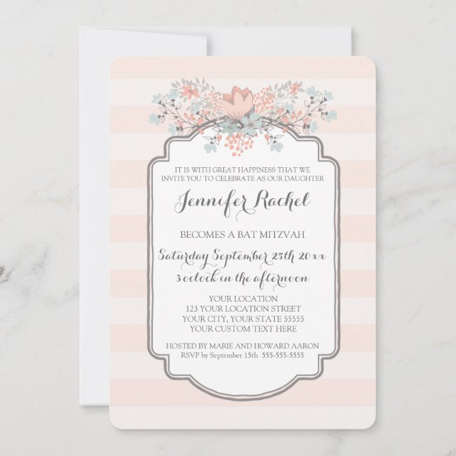 Tiras Vintage Bat Floral Mitzvah Invitaciones (Reverso)