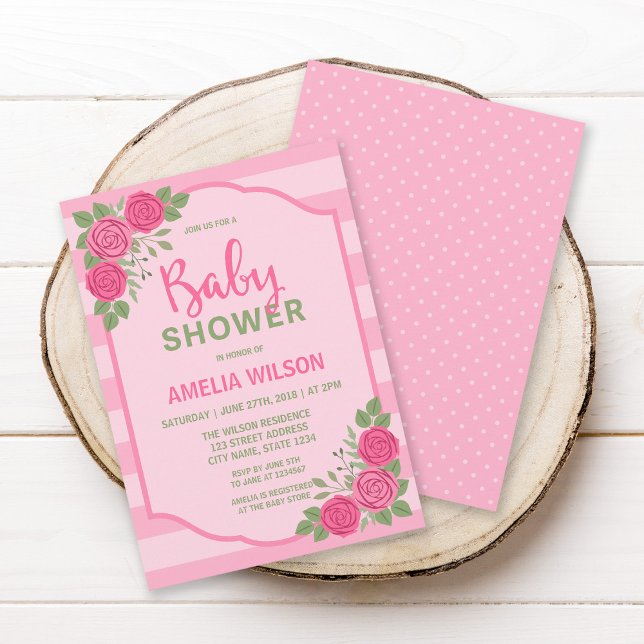 Tiras y Rosas Chica rosa Invitación a Baby Shower (Subido por el creador)