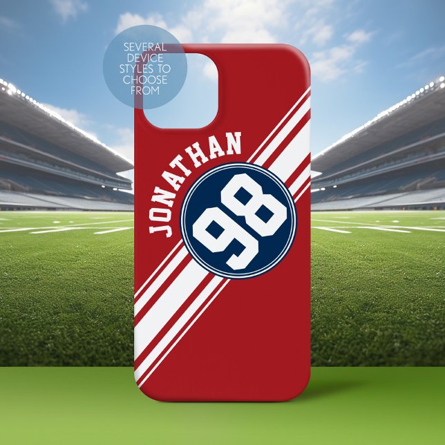 title_seo2 Deportes Jersey Naval Azul y Bandas Rojas Número d (Personalized Phone Case with a Football Jersey Stripe Design)