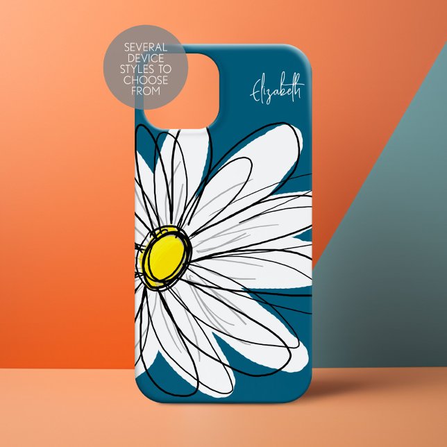 title_seo2 Ilustracion Daisy Floral de moda azul y amarillo (Personalized Phone Case with Whimsical Daisy and Custom Name)