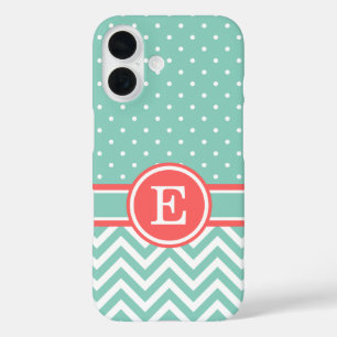 title_seo2 Monograma de puntos de coral y Aqua Preppy Chevron