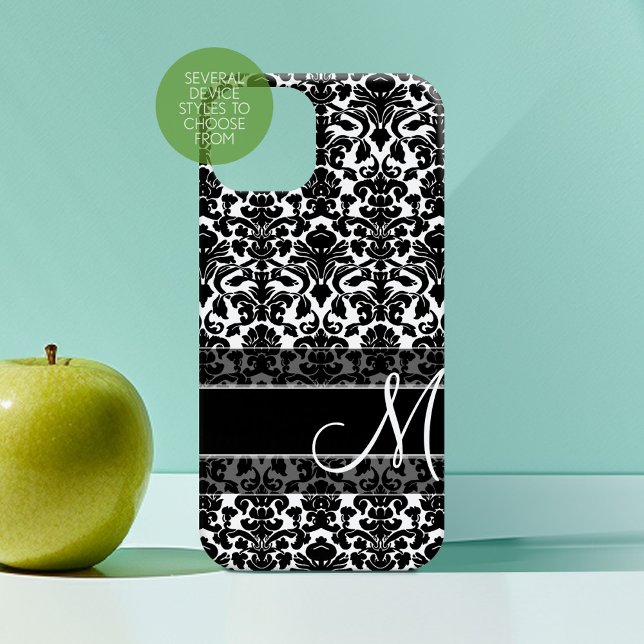 title_seo2 Monograma del patrón de damasco blanco y negro (Personalized Phone Case with Custom Monogram)
