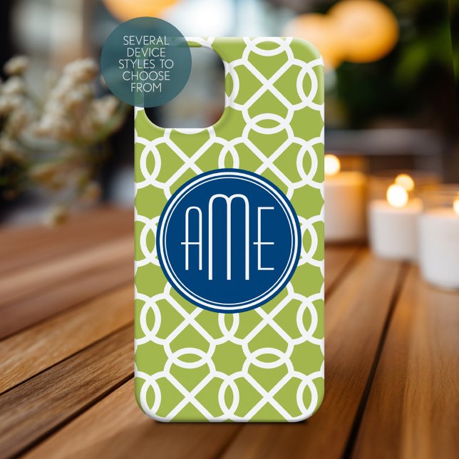 title_seo2 Monogramas de patrón geométrico azul y verde limón (Personalized Phone Case with Monogram)