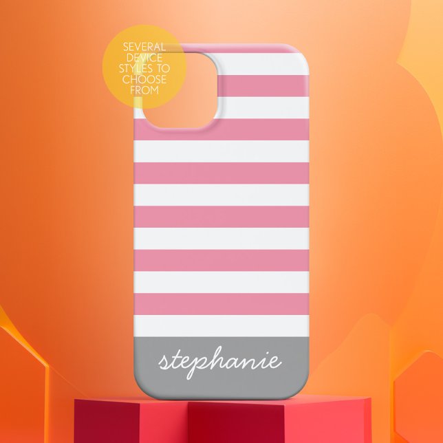 title_seo2 Patrón rayado moderno gris rosado con nombre (Personalized Phone Case - Add Custom Text)