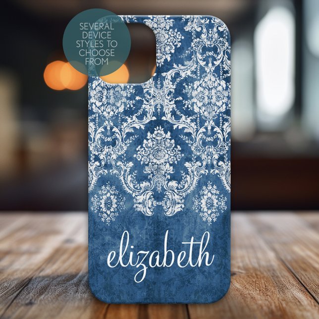 title_seo2 Patrón y nombre de damasco azul de zafiro (Personalized Phone Case - Shabby Chic Vintage Damask Pattern with Custom Name)