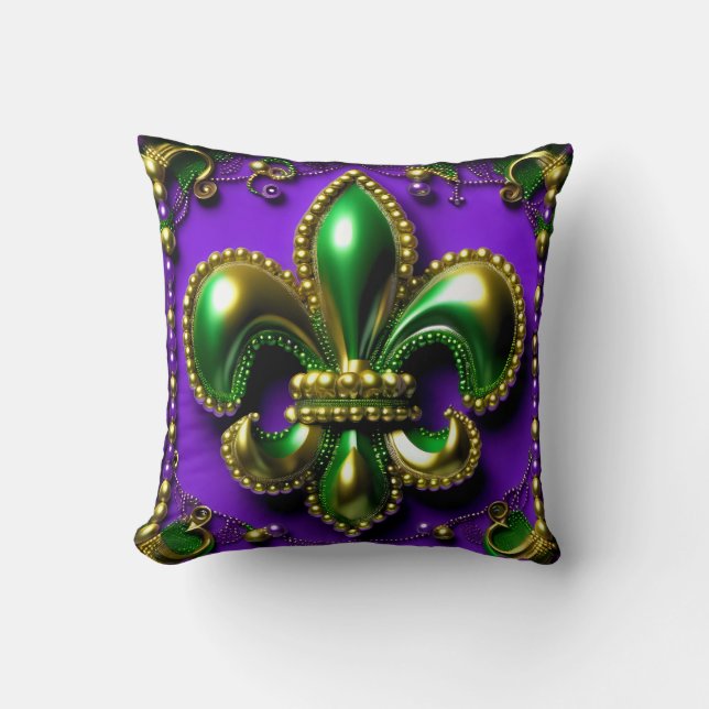 Título Cojín decorativo verde y violeta de lis (Anverso)