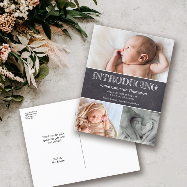Tiza Anunciando Fotos de Bebé Anuncio de Nacimient (Introducing baby birth stats chalkboard design classic thank you postcard)